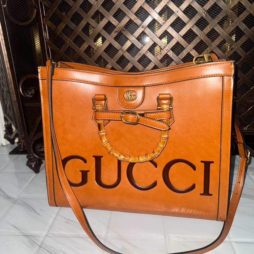 Tan Leather Tote with Bamboo Accent
